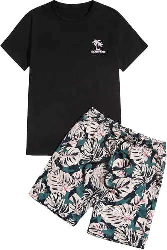 Vista 96 de GORGLITTER Conjunto de 2 piezas de camiseta gráfica de manga corta para hombre, estampado hawaiano con cordón y pantalones cortos
