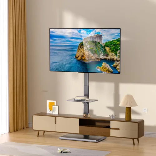 Vista 7 de Afaloona Soporte universal para TV de suelo, soporte de TV con toma de corriente y estante extraíble para TV de 32 a 75 pulgadas de hasta 110