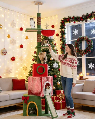 Vista 15 de PEQULTI Árbol para gatos de piso a techo, torre alta para gatos, altura ajustable (83-108 pulgadas), 5 niveles de árbol trepador para gatos