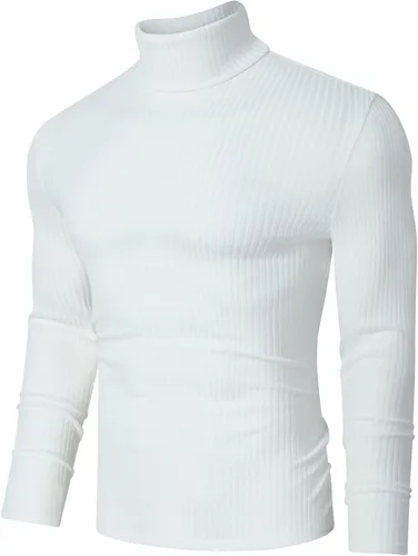 Vista 2 de TURETRENDY Camisetas elásticas para hombre, cuello alto, manga larga, de punto, casual, ajustadas, básicas