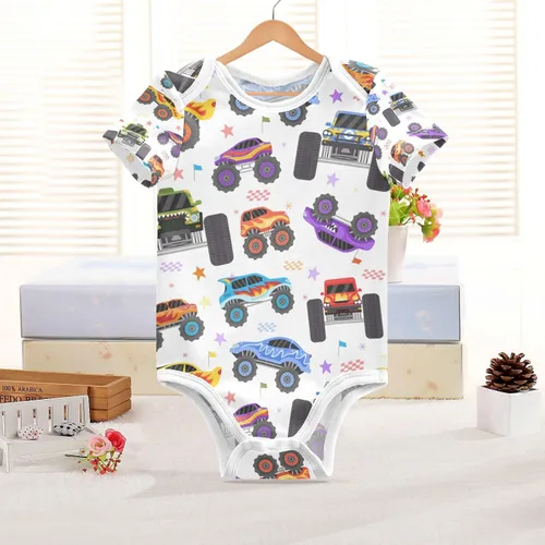 Vista 6 de Pigsaly Lindos monstruos unisex para bebé, auto de carreras, recién nacido, manga corta, overol de verano para niños y niñas, talla 3M