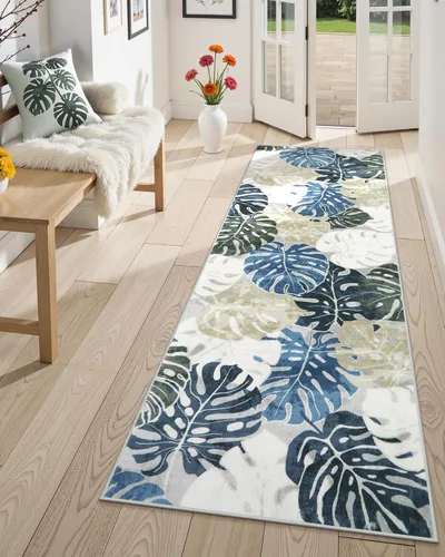 Vista 28 de Wonnitar Leaf - Alfombra de cocina de 2x3 pies, alfombra azul pequeña para baño, alfombra decorativa lavable para mesita de noche, planta