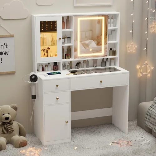 Vista 15 de Wodeer Pequeño escritorio de maquillaje con espejo y luces, tocador con armario de cristal, luces LED y toma de corriente, cajón y gabinetes