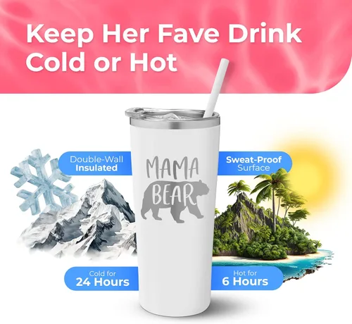 Vista 3 de Taza de viaje de acero inoxidable con aislamiento al vacío con tapa, popote y día de la madre, regalo para la nueva mamá, el mejor regalo para mamá