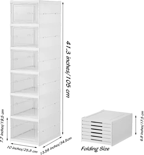 Vista 3 de FUYUN Organizador de zapatos de plástico – Cajas de zapatos apilables y plegables de 6 niveles para armario, contenedores transparentes y que