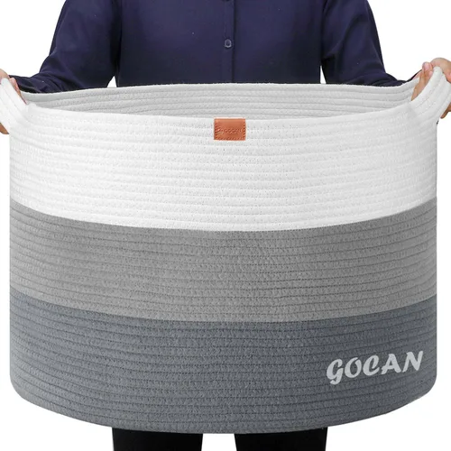 Vista 12 de GOCAN Cesta de almacenamiento extragrande para lavandería, 22 x 22 x 14 pulgadas, cesta tejida de cuerda de algodón para manta con asas para sala