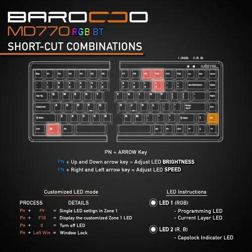 Vista 9 de Mistel BAROCCO MD770 RGB con cable + teclado mecánico inalámbrico Bluetooth TKL dividido con interruptor azul Cherry MX, teclado ergonómico