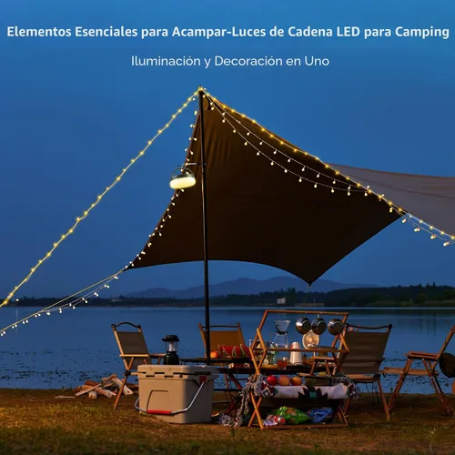 Vista 2 de Cadena de luces de campamento de 33 pies, 100 LED, 4 en 1, recargable, 100 LED, para exteriores, con 14 modos de iluminación, control remoto