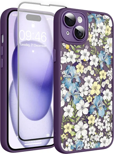 Vista 35 de Magnético para iPhone 13 con protector de pantalla [Compatible con MagSafe] Diseño de patrón floral de flores bonitas, funda delgada a prueba