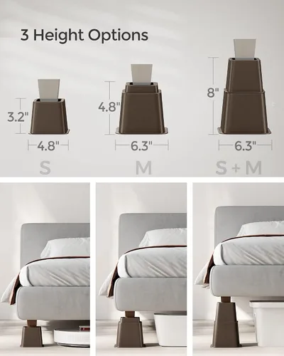 Vista 2 de SONGMICS Elevadores de cama, paquete de 4 elevadores de muebles, elevadores de cama resistentes en alturas de 3, 5 u 8 pulgadas, eleva hasta 1300