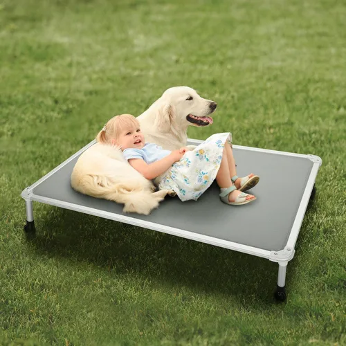 Vista 17 de Veehoo Cama elevada para perros a prueba de mordidas - Cuna elevada refrescante para mascotas - Marco de aluminio plateado y tela de malla