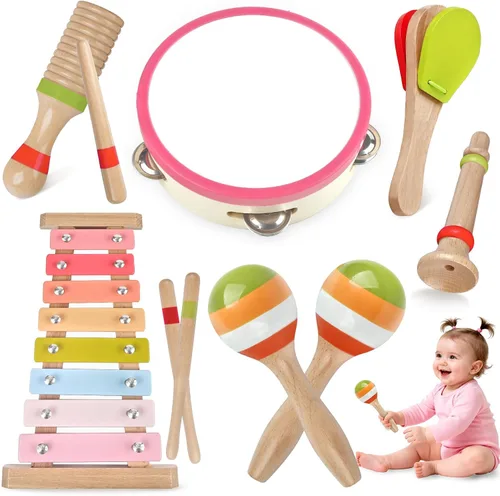 Vista 7 de Instrumentos musicales para bebés, juguetes Montessori de madera para niños pequeños de 1 a 3 años, colores neutros, juego de instrumentos