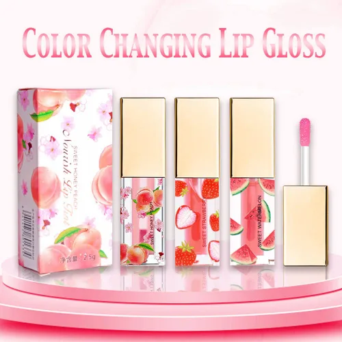 Vista 7 de evpct 3 Piezas Melocotón Fresa Sandía Mini Brillo Labial Tintado Transparente que Cambia de Color según el PH Conjunto para Mujeres Niñas Aceite