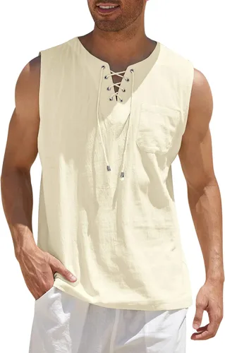 Vista 13 de COOFANDY - Camisetas sin mangas de algodón y lino para hombre, estilo hippie, con diseño de encaje, para la playa, estilo bohemio, renacentista