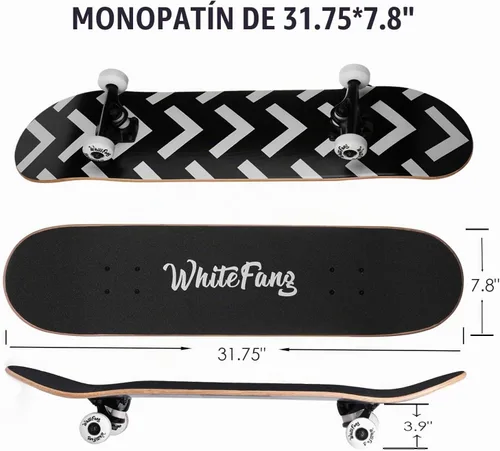 Vista 5 de WhiteFang Patinetas para principiantes, patineta completa de 31 x 7.88 pulgadas, 7 capas de arce canadiense con doble kick cóncavo estándar y Arrow