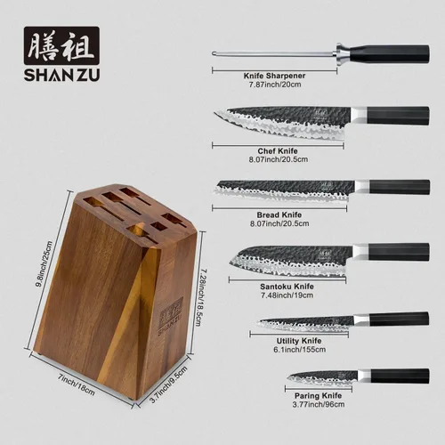 Vista 2 de SHAN ZU Juego de Cuchillos Japoneses de 7 Piezas - 7 Capas 10Cr15MoV Juego de Cuchillos de Cocina de Acero con Alto Contenido de Carbono con Bloque