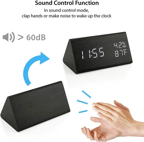 Vista 11 de OCT17 Reloj de alarma de madera, reloj digital LED inteligente para dormitorio/escritorios, actualizado con hora, temperatura, brillo ajustable