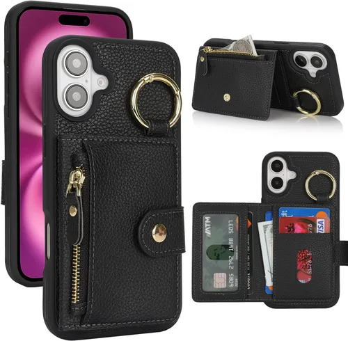 Vista 44 de Funda para iPhone 14 Plus con tarjetero, color negro Funda con cremallera y ranura para mujer y hombre