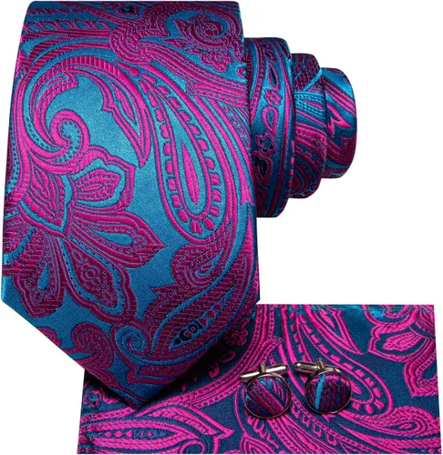 Vista 224 de Hi-Tie Corbatas de seda para hombre, diseño de cachemira a rayas, con bolsillo, gemelos cuadrados, conjunto formal de negocios