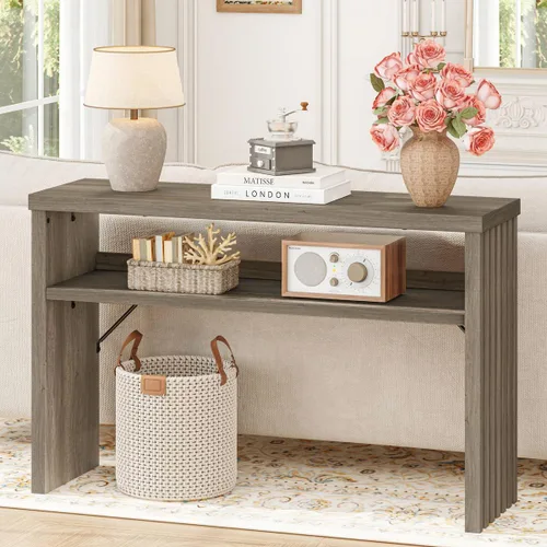 Vista 15 de BON AUGURE Mesa consola de madera para entrada, mesa de entrada de 47 pulgadas con almacenamiento, mesas de sofá estrechas con cajones, modernas