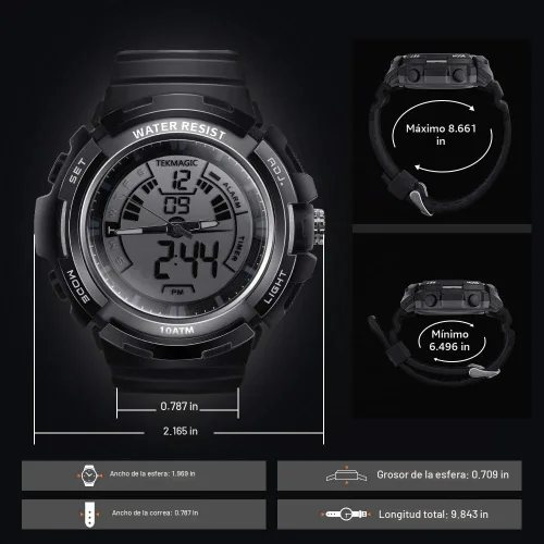 Vista 5 de Reloj deportivo de pulsera digital para natación, 328.1 ft, resistente al agua, para buceo con luz trasera LED, cronómetro y funciones de cronógrafo