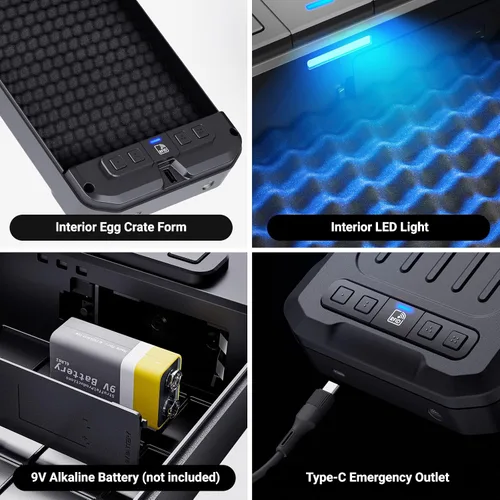 Vista 4 de MAXSAFES Cajas Fuertes RFID para Pistolas, Caja Fuerte Portátil para Pistola con LED Integrado, Puerto Tipo C, Caja Fuerte para Automóvil