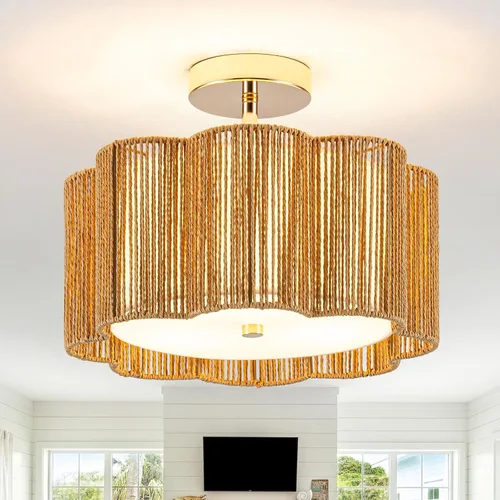 Vista 9 de ✿ Lámpara de Techo de Ratán Tejido a Mano de 13.8" con 3 Luces Montaje Empotrado Boho Negro para Dormitorio Pequeño y Guardería, Luz de Techo