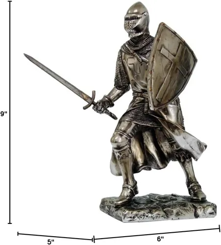 Vista 2 de Crusader Knight Estatua de resina fundida en frío con acabado plateado, 7 pulgadas (8714)