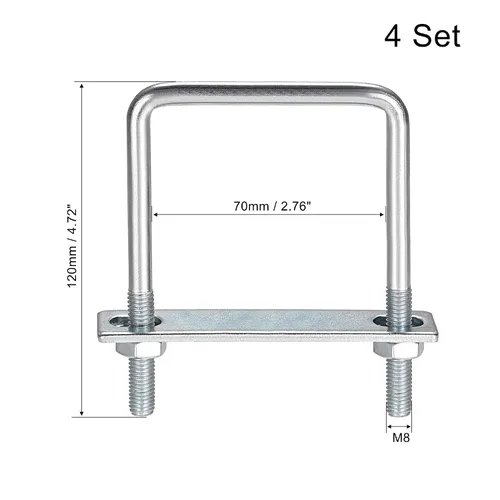 Vista 40 de uxcell Pernos cuadrados en U de 1 "(25 mm) de ancho interior de acero al carbono M8 con tuercas, placa de marco, arandelas redondas, juego de 4