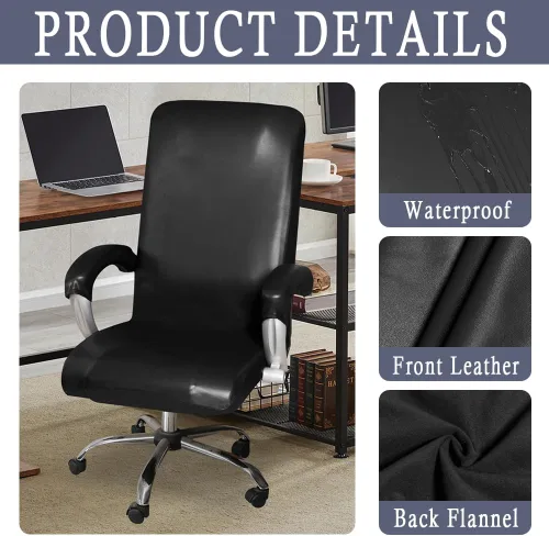 Vista 4 de ITFRO Funda impermeable para silla de oficina con fundas para reposabrazos, de piel sintética negra, funda para silla de escritorio de computadora