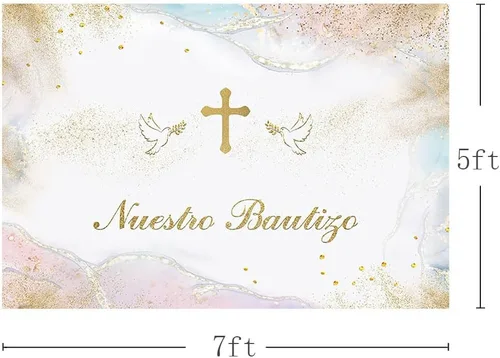 Vista 3 de MEHOFOND Fondo de fotografía de Nuestro Bautizo de 7 x 5 pies para niños y niñas, decoración de fiesta de bautizo mexicano para niños y niñas