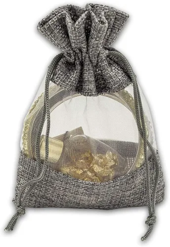 Vista 2 de TheDisplayGuys para tu vida moderna - Paquete de 12 bolsas de regalo pequeñas de arpillera de lino y organza con cordones (8.9x14 cm, gris)