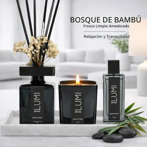 Vista 2 de Juego de regalo de aroma de lujo Aroma de bosque de bambú – Difusor de caña (6.8 fl oz), vela de soja con mecha de madera (7.05 oz), aerosol