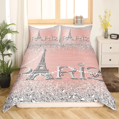 Vista 15 de Erosebridal Funda de edredón de la Torre Eiffel para niñas, juego de ropa de cama romántica de París azul, negro y blanco, funda de edredón