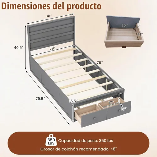 Vista 2 de KOMFOTT Cama individual con 2 cajones, cama de almacenamiento individual con soporte de listones sólidos, cabecera y estribo, marco de cama de Gris