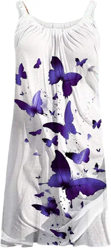 Vista 4 de Oiumov - Vestidos de verano para mujer, vestido midi con estampado de dibujos animados, vestido floral, sin mangas, casual, bohemio, vestido sin