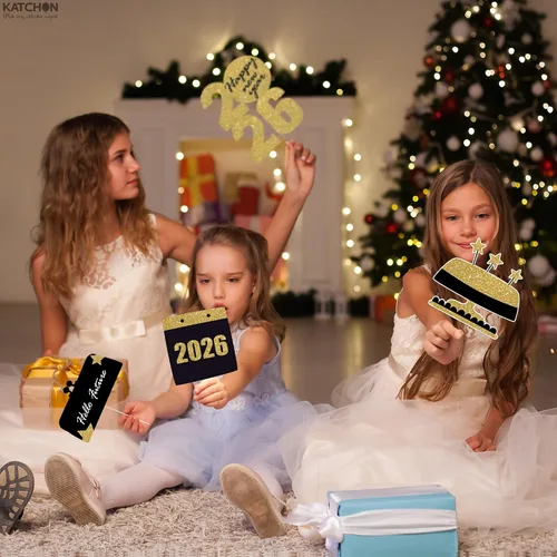 Vista 7 de KatchOn, Glitter New Years Photo Booth Props 2026 - Pack of 30 Gold and Black New Years Eve Photo Booth Props for Happy New Year Decorations 2026