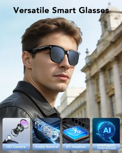 Vista 2 de CJkao Lentes inteligentes con cámara, música y llamadas Bluetooth, gafas de cámara HD de 800 W, grabación de video 1080P, control de asistente