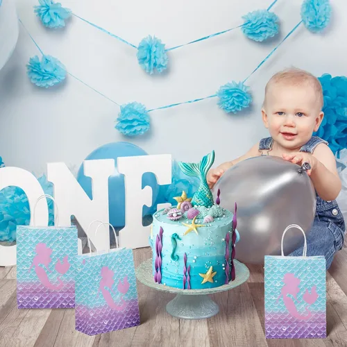 Vista 7 de Jectivs 16 bolsas de recuerdo de fiesta de cumpleaños de sirena, bolsas de regalo de papel kraft con asas para niños, suministros de fiesta de baby