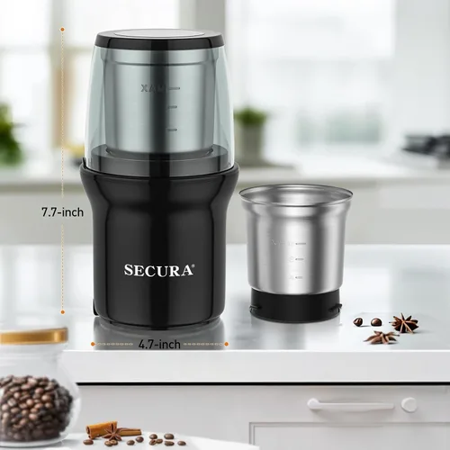 Vista 6 de Secura - Molinillo eléctrico para especias, cuencos duales de acero inoxidable para molienda húmeda y seca, uso múltiple para especias y café Negro