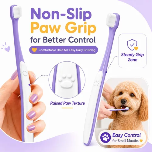 Vista 6 de Cepillo de dientes para perros pequeños – Mini cabezal de cepillo de 0.39 pulgadas, mango curvo, cerdas suaves, parte trasera de goma doble, kit