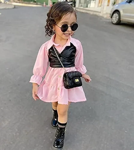 Vista 2 de TINXIEA Vestido tipo túnica de manga larga con botones para niñas pequeñas con chaleco de encaje, 2 piezas, ropa para bebé