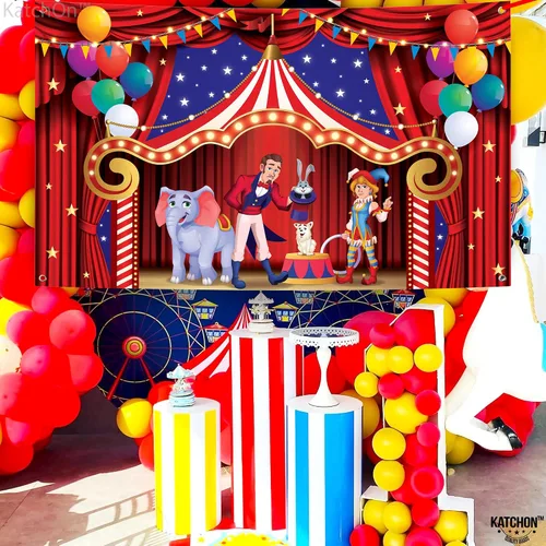 Vista 9 de KatchOn, Globo rojo para primer cumpleaños, grande, 40 pulgadas, telón de fondo de carnaval para decoraciones de carnaval, grande de 72 x 44