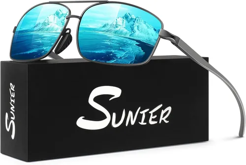 Vista 8 de Lentes de sol polarizados para hombre, ultra ligeros Al-Mg con bisagras de resorte, 100% protección UV400 para hombre Lente gris oscuro del marco