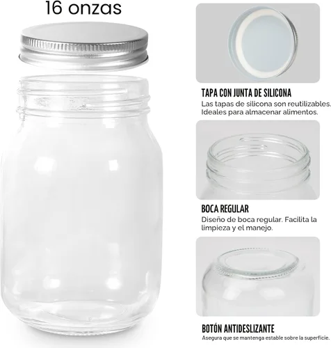Vista 7 de BEWAVE Frascos de vidrio Mason, frascos de vidrio transparentes de 16 oz con tapas para sellar, frascos de boca normal para enlatado de alimentos
