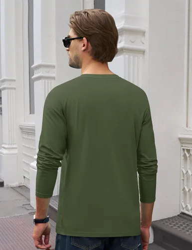 Vista 4 de Cotrasen Camisetas de manga larga para hombre de algodón con cuello redondo, camisetas T con bolsillo que absorben la humedad, suaves, cómodas