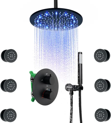 Vista 17 de Cabezal de ducha de lluvia de techo LED redondo de oro cepillado de 10 pulgadas, DULABRAHE termostático para baño, sistema de ducha de lluvia de Oro