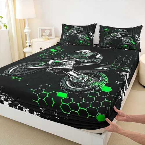 Vista 4 de Castle Fairy Juego de sábanas de motocross tamaño twin, juego de ropa de cama verde con diseño de panal ombré, decoración de habitación de niños
