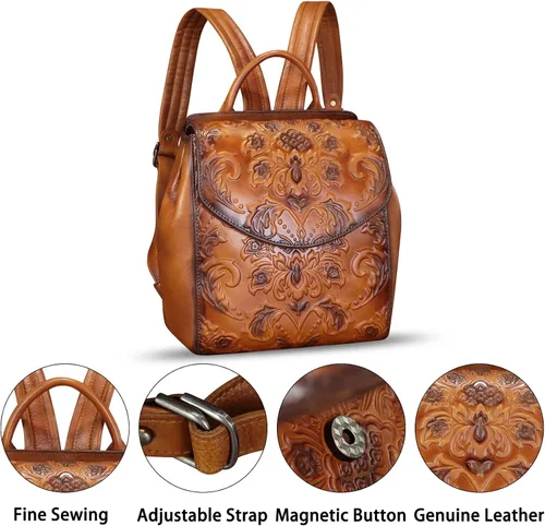 Vista 6 de Mochila de cuero genuino para mujer, bolso retro de cuero en relieve, hecho a mano, mochila trasera, mochila casual, Marrón, Vintage