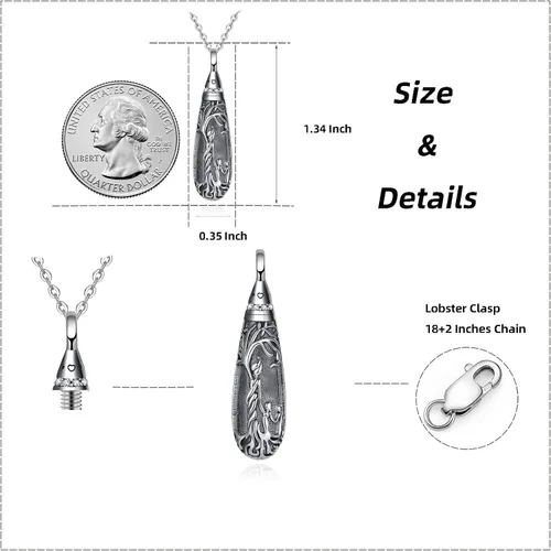Vista 128 de Collar con colgante de urna de cenizas de cremación y árbol de la vida para mujer, plata de ley US1